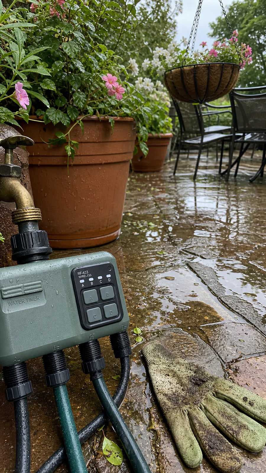 Johgee water timer in a rainy patio pots garden scene