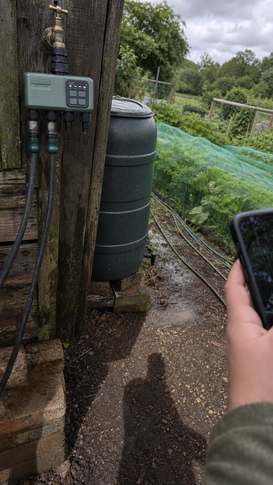 Johgee water timer in a allotment rain barrel garden scene