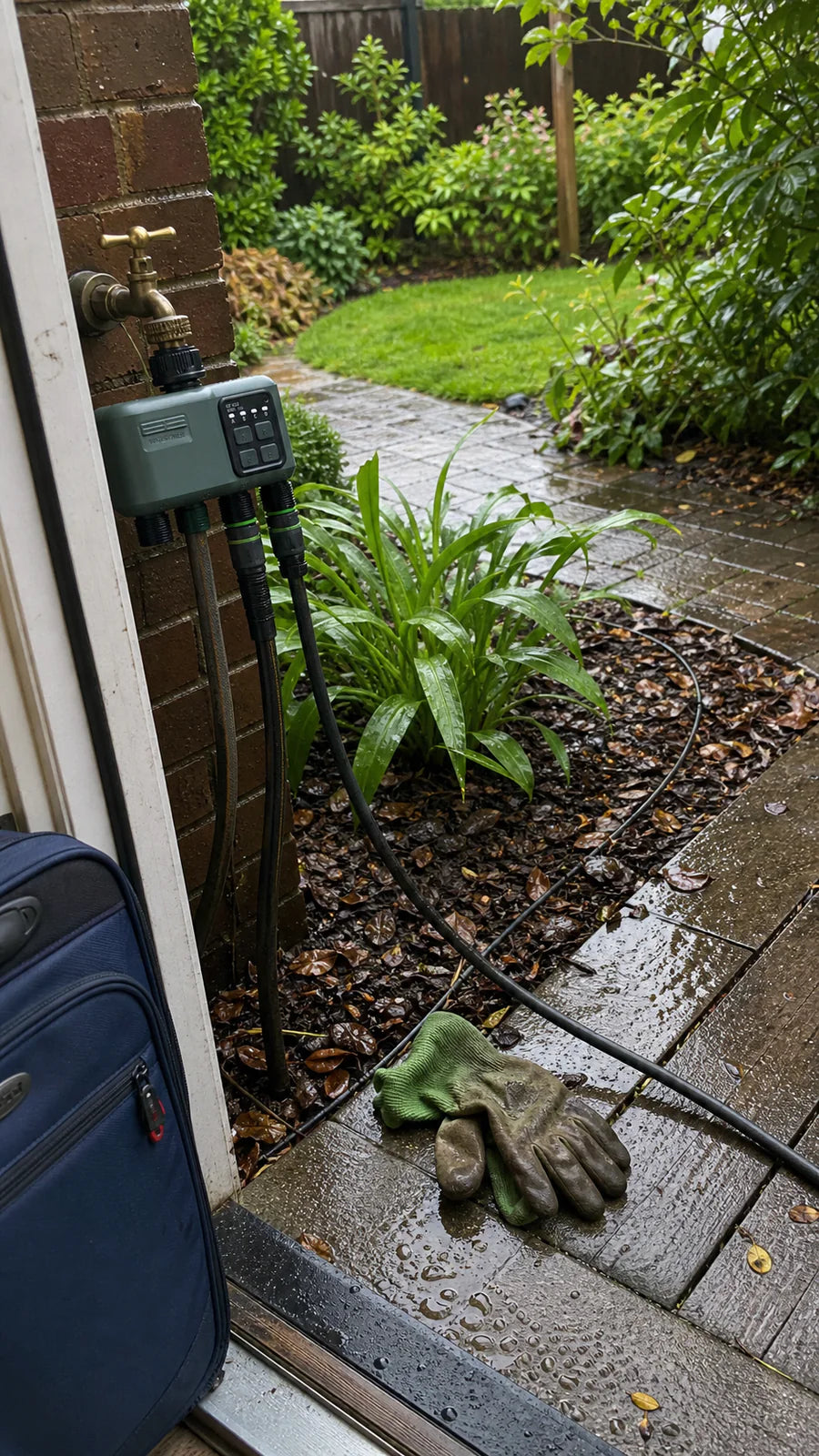 Johgee water timer in a wet garden path garden scene