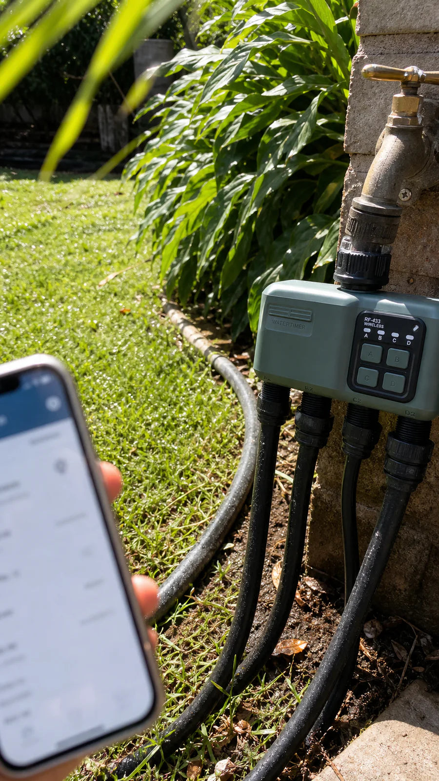 Johgee water timer in a sunny lawn app garden scene
