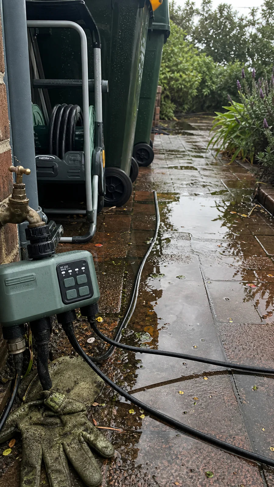 Johgee water timer in a rainy side yard garden scene