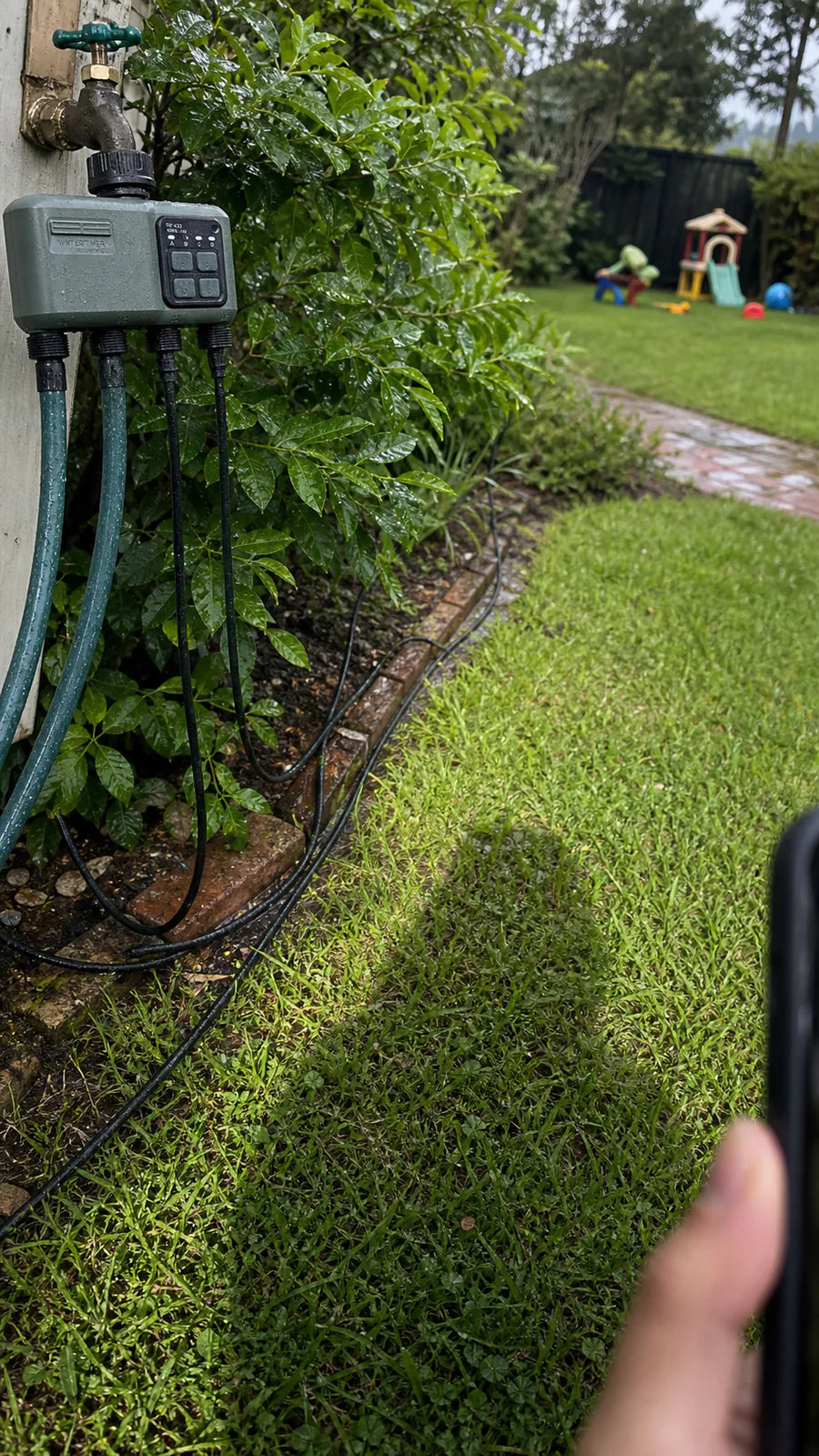 Johgee water timer in a family lawn garden scene