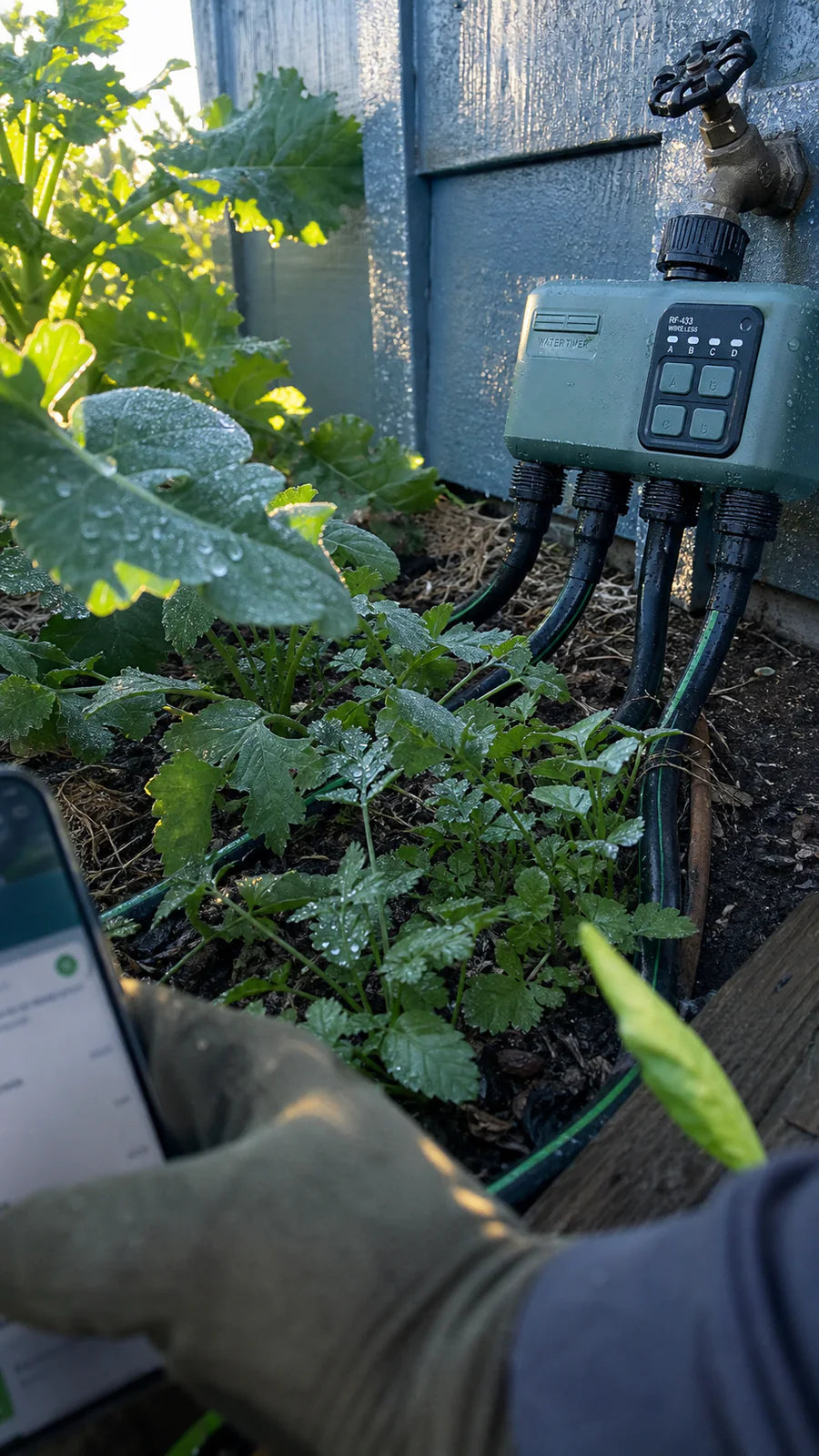 Johgee water timer in a vegetable bed app garden scene