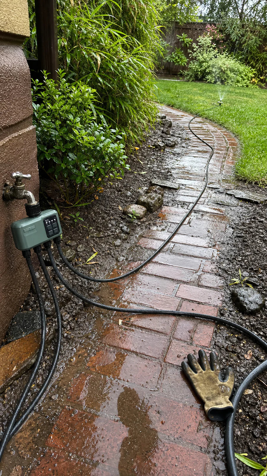 Johgee water timer in a sprinkler pathway garden scene