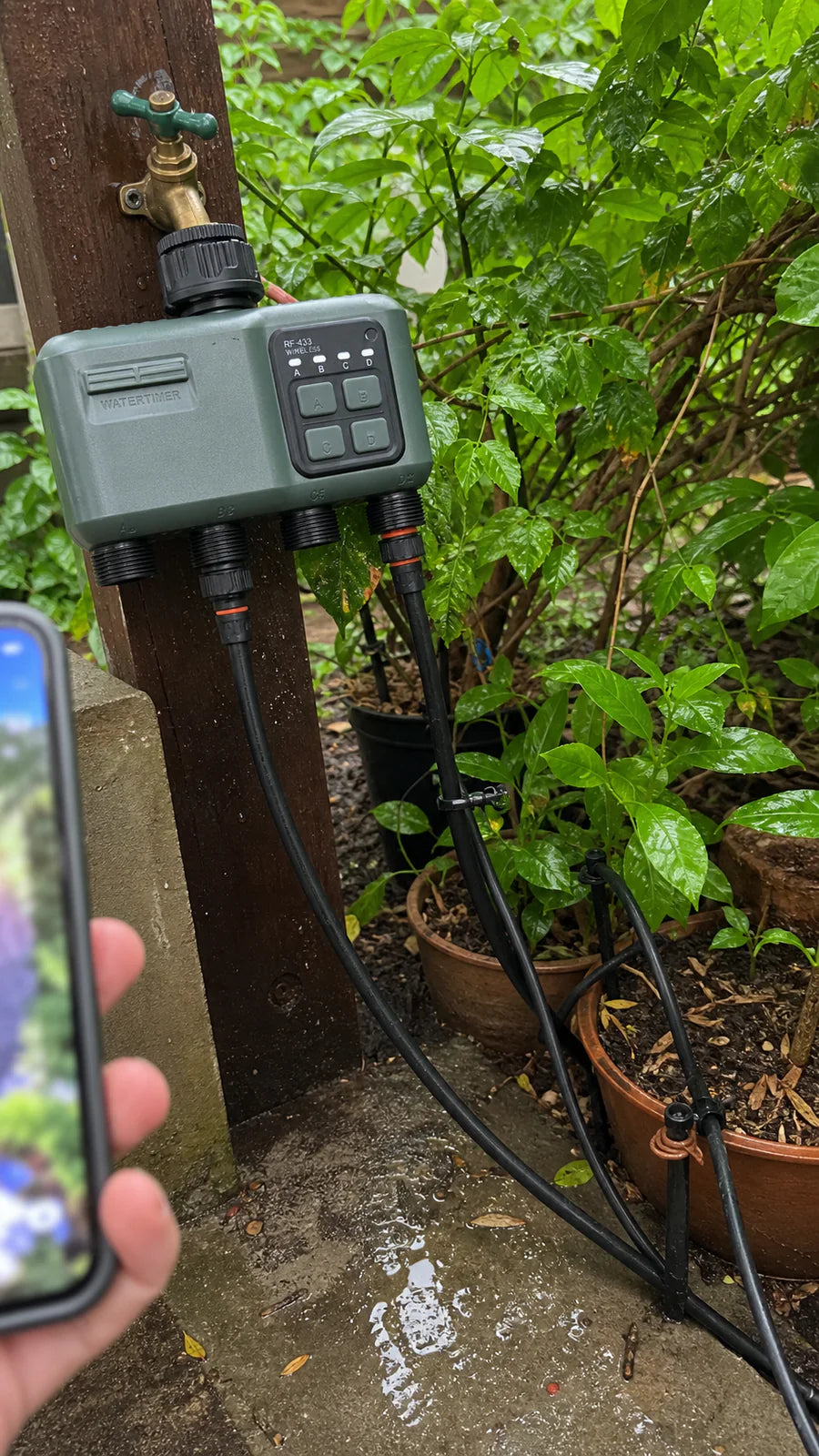 Johgee water timer in a potted garden app garden scene