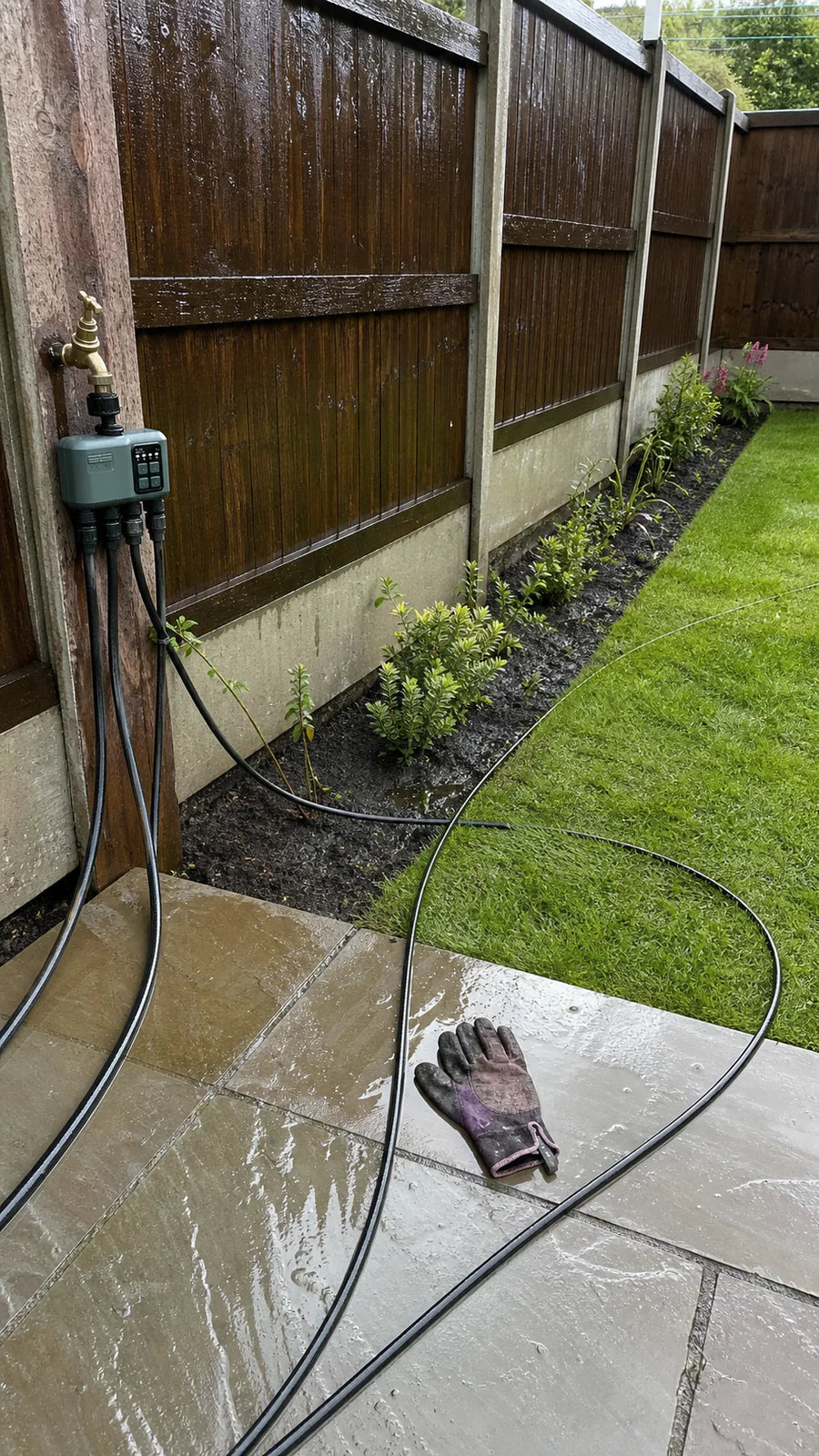 Johgee water timer in a fence border watering garden scene