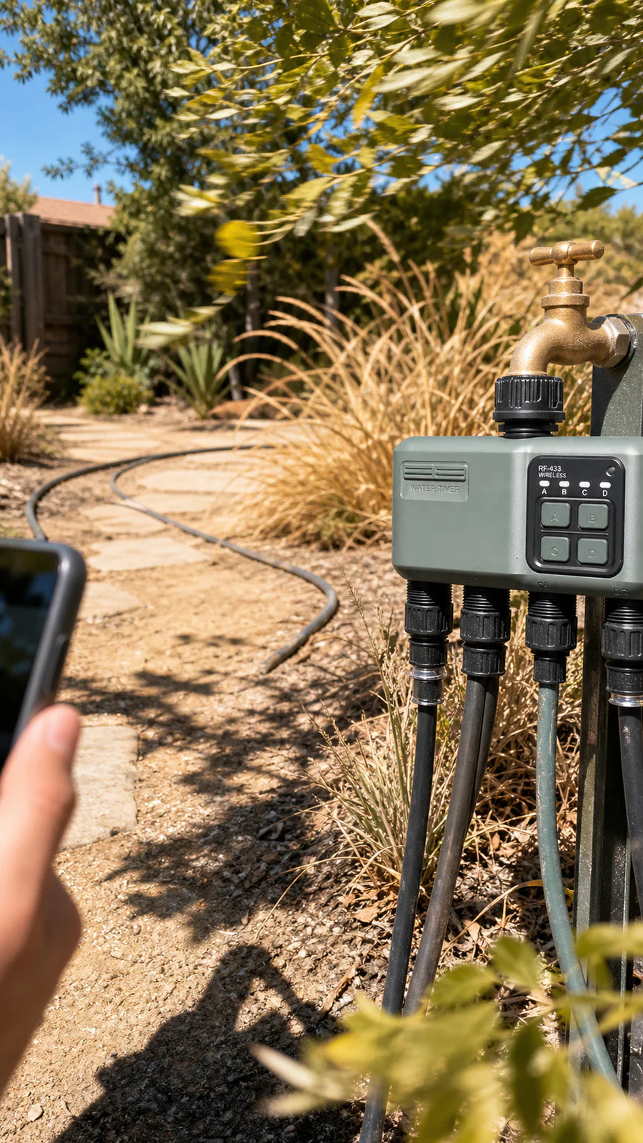 Johgee water timer in a dry climate garden garden scene