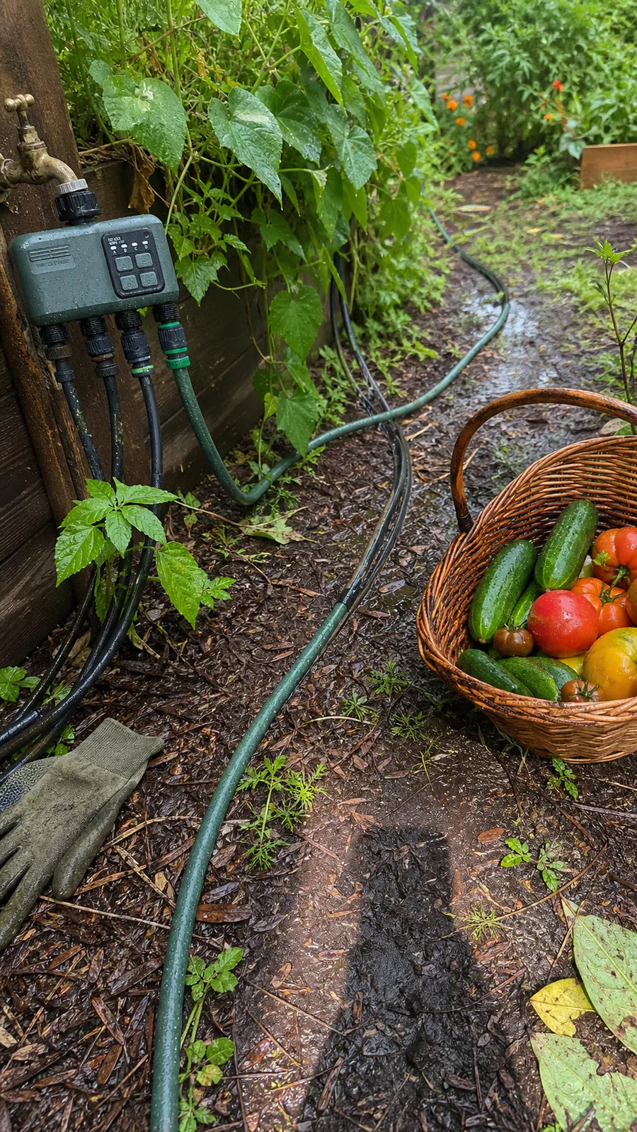 Johgee water timer in a kitchen garden harvest garden scene