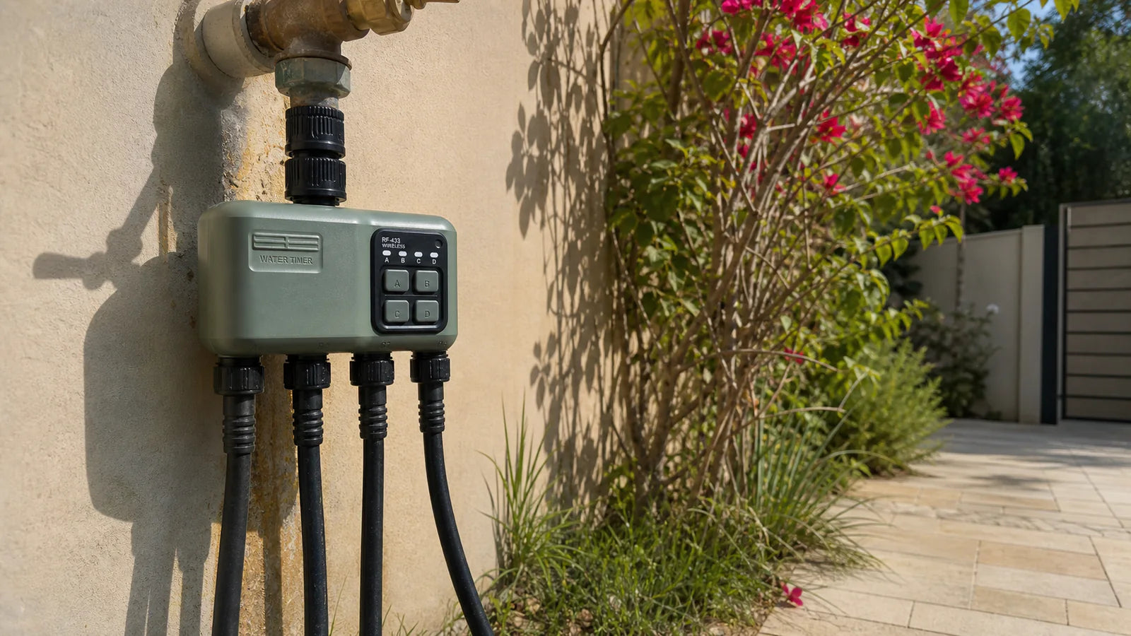 Johgee water timer in a dubai villa side yard garden scene