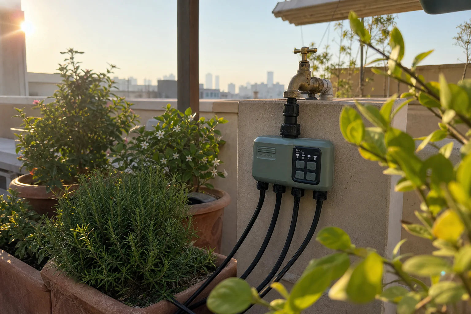 Johgee water timer in a rooftop terrace garden scene