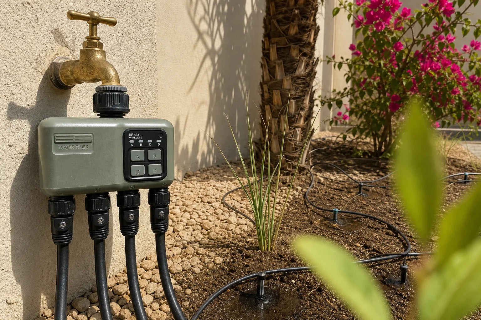 Smart water timer in a heatwave drip lines garden scene