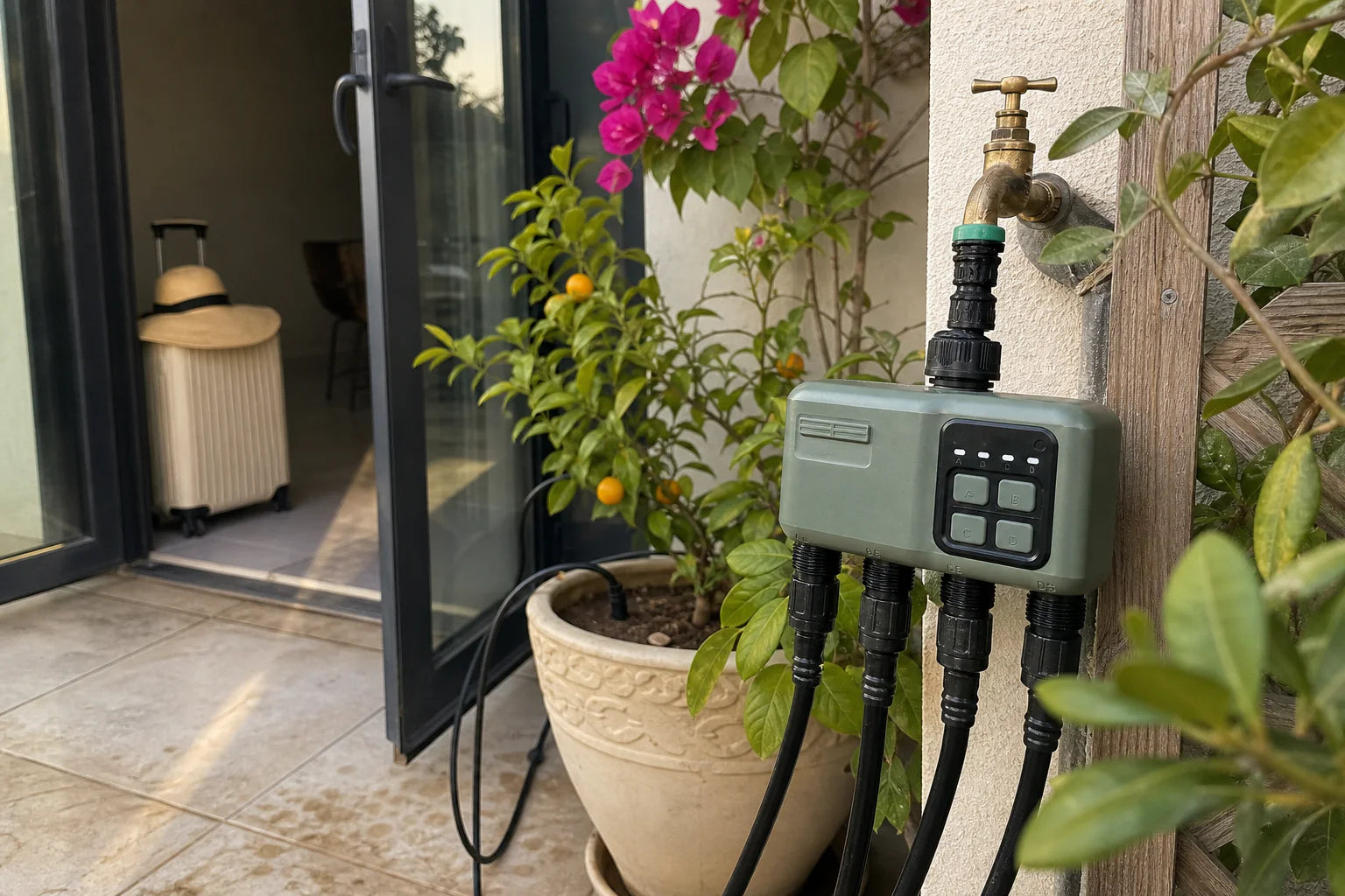 Smart water timer in a holiday watering garden scene