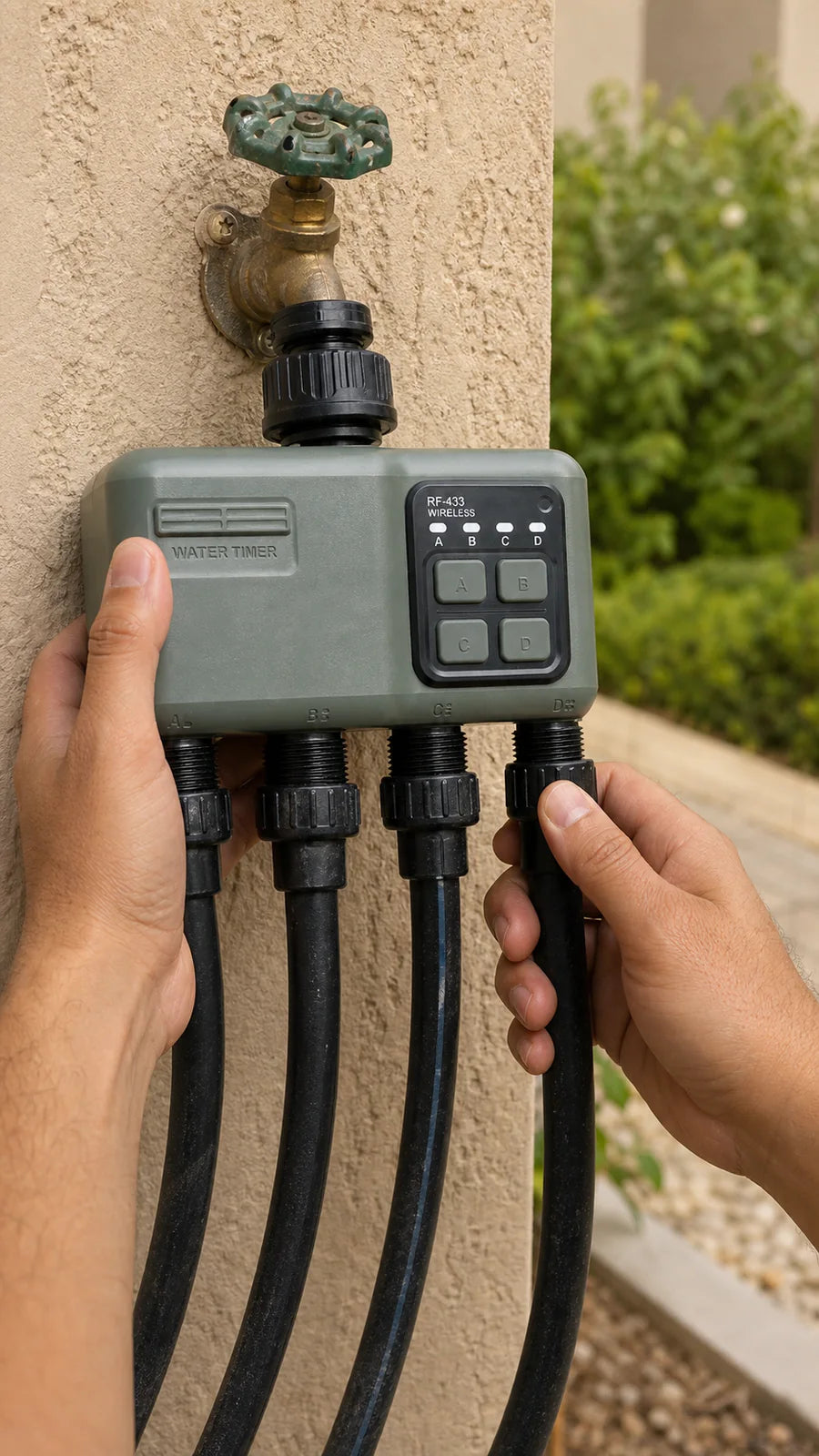 Smart water timer in a installer close up garden scene