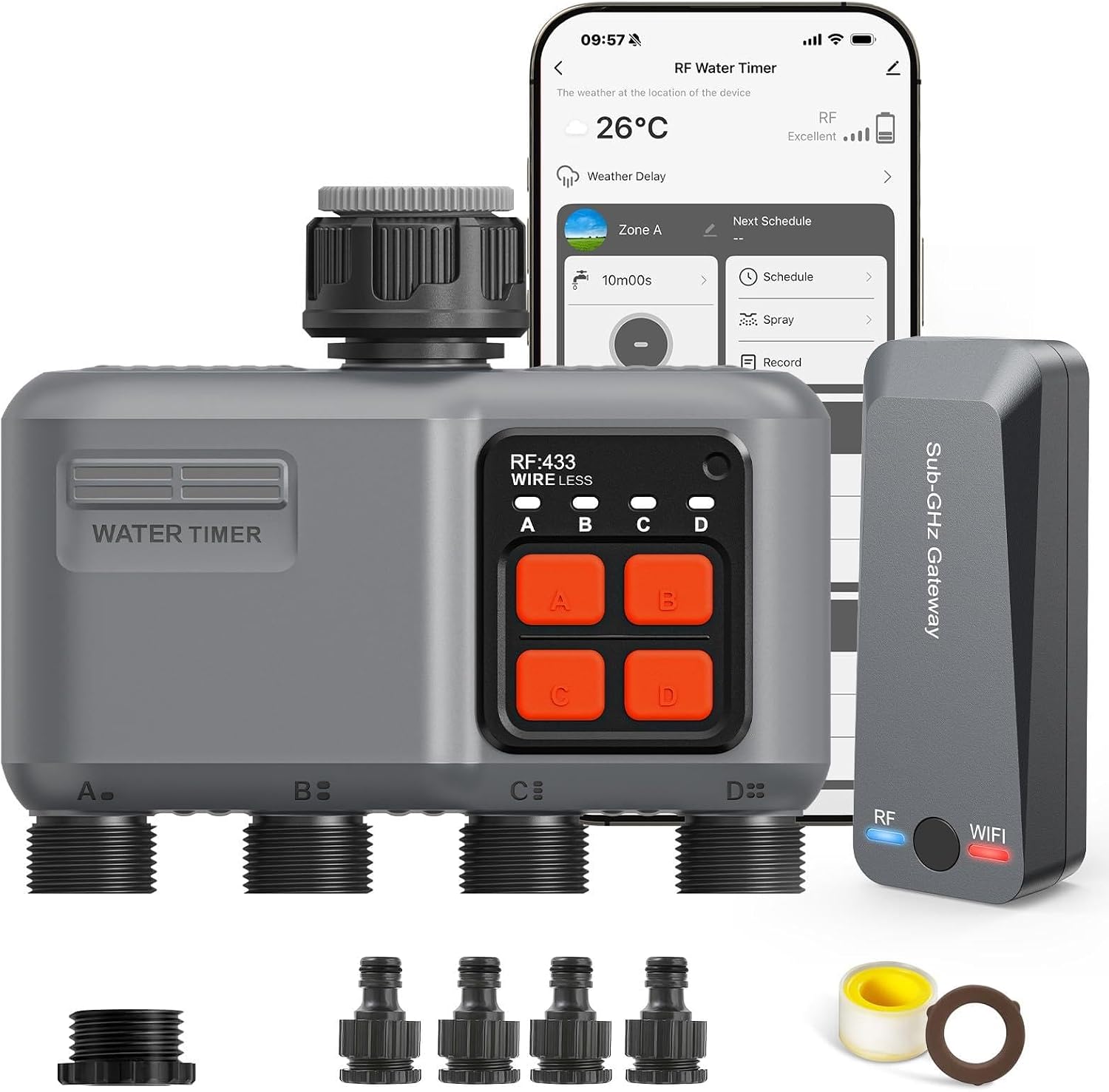 Johgee 4-zone RF smart water timer with indoor gateway for UAE villa irrigation