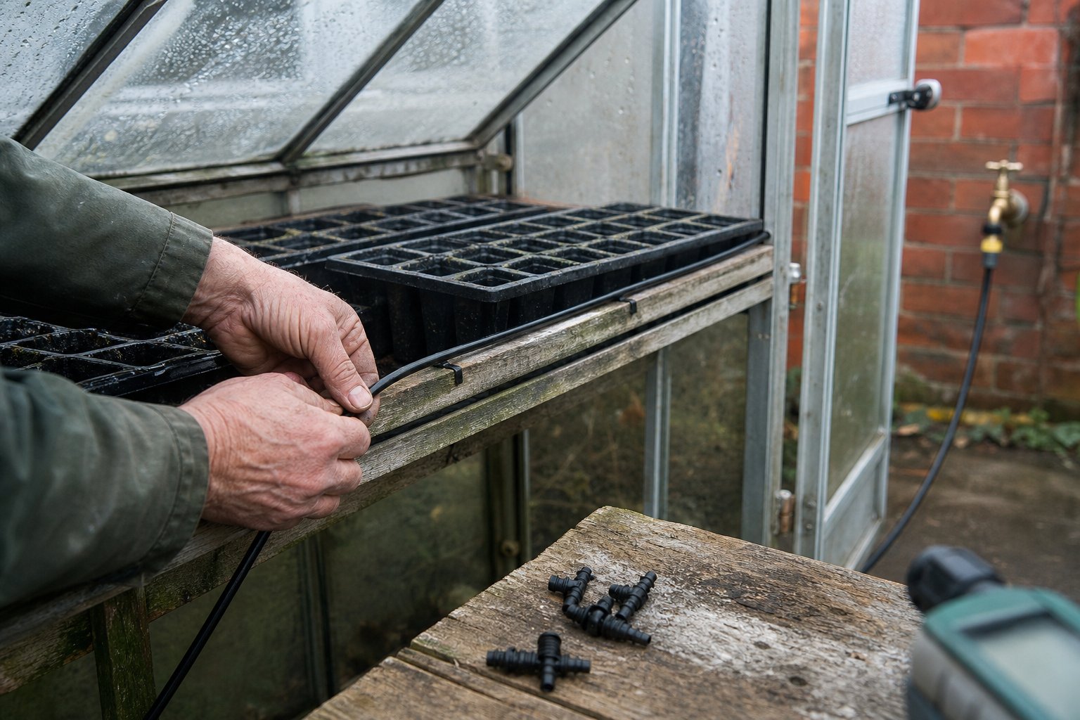 Hands pegging a drip line along greenhouse staging in February for a timed greenhouse irrigation setup