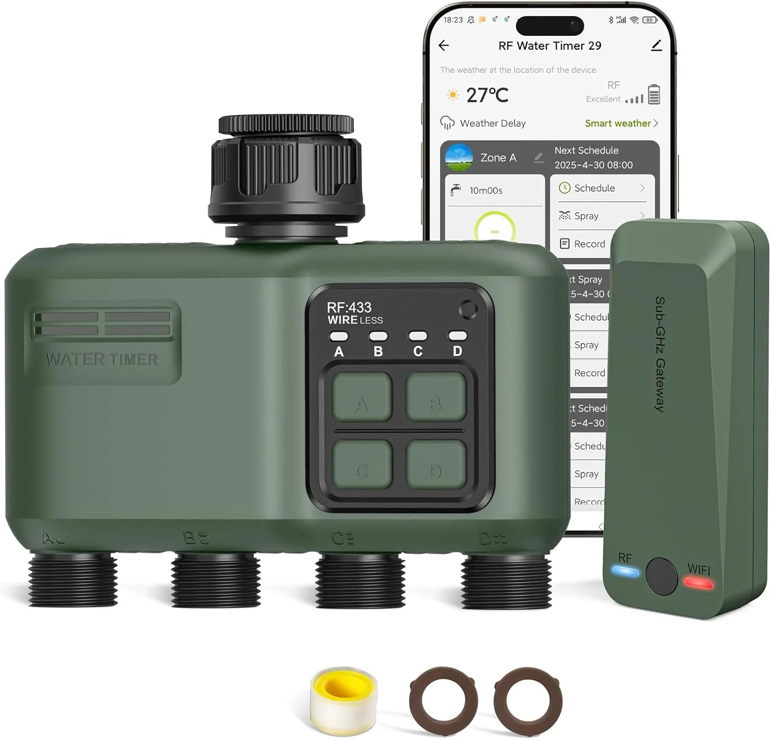 Johgee Smart 4-Zone RF Water Timer with Indoor WiFi Gateway